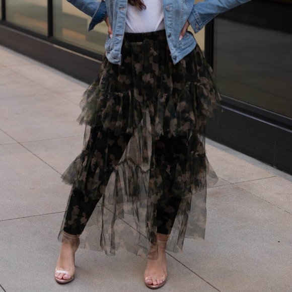 Camo/Army Print Sheer Mesh Tiered Skirt - Picture 1 of 1